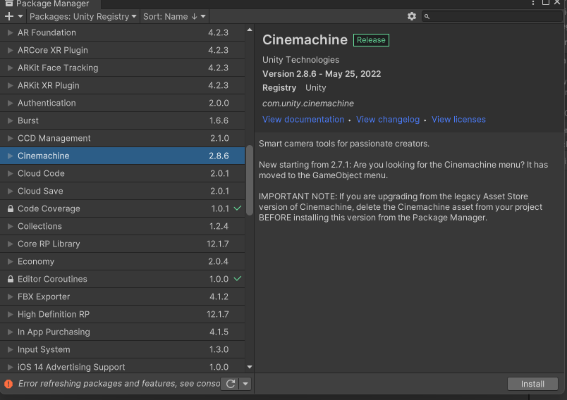 Cinemachine Install 3
